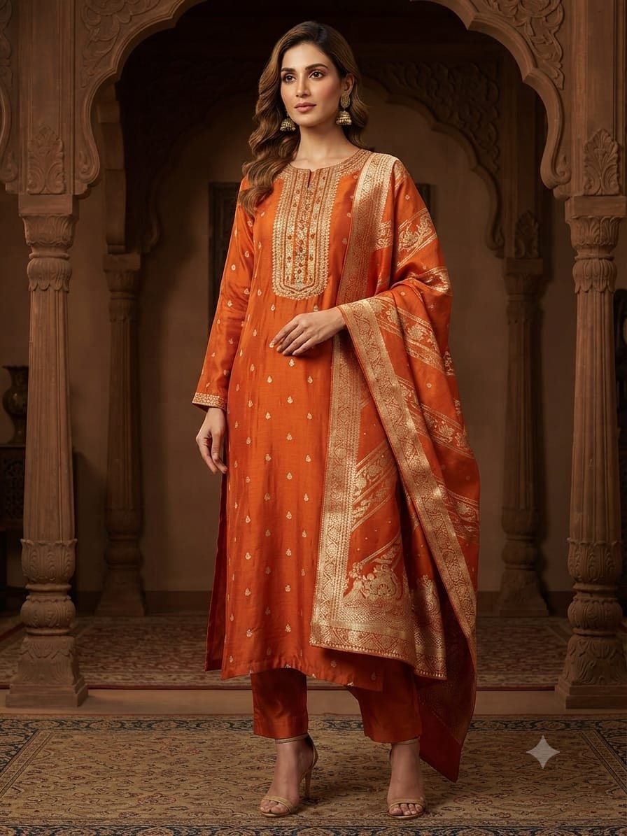 Embroidered Silk Banarsi Embroidered Silk Shirt With Sequins Work - Image 1