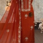 Embroidered Kora silk kurta suit