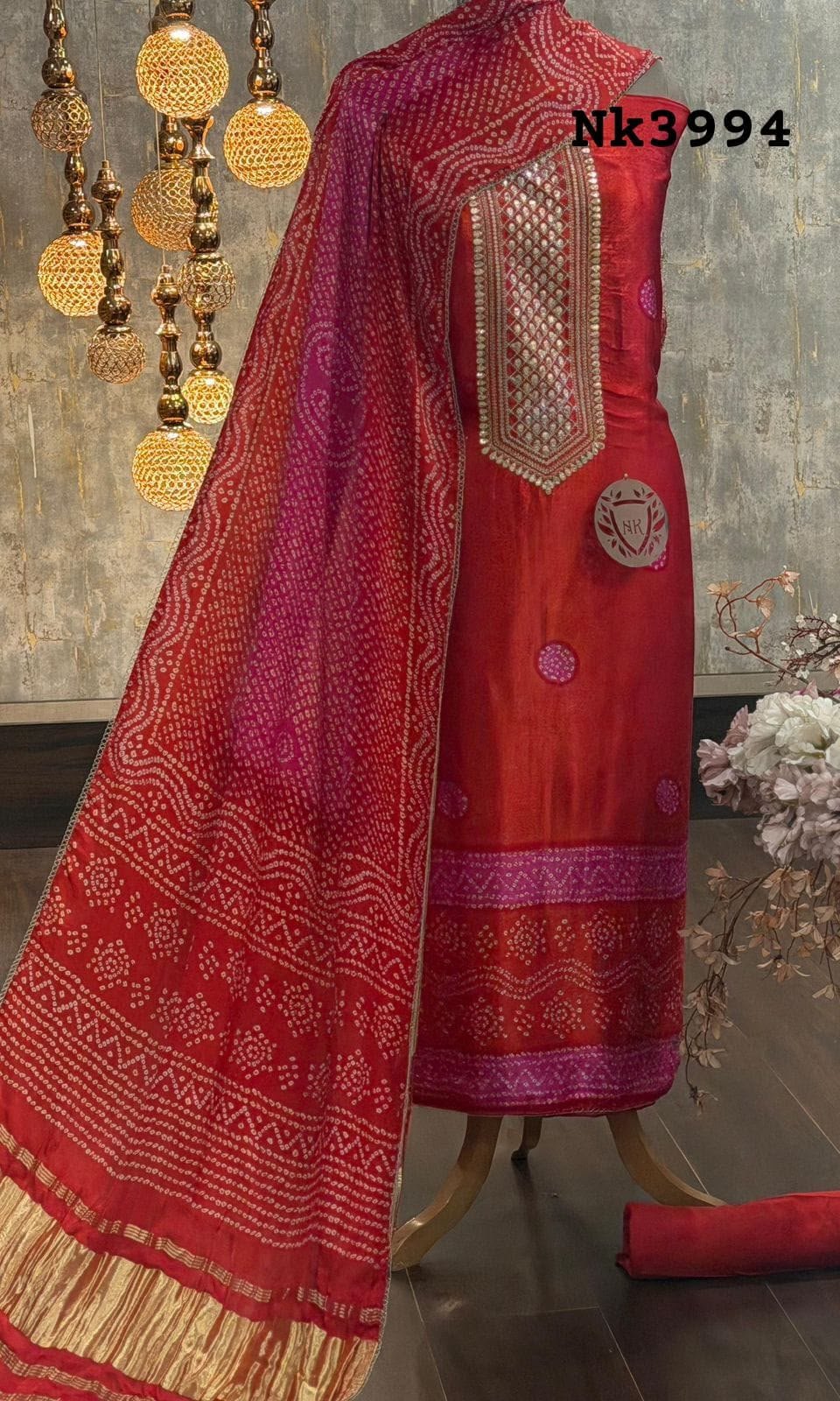 Gajji silk bandhni printed kurta with handwork 3 Gajji silk bandhani suit - Image 1